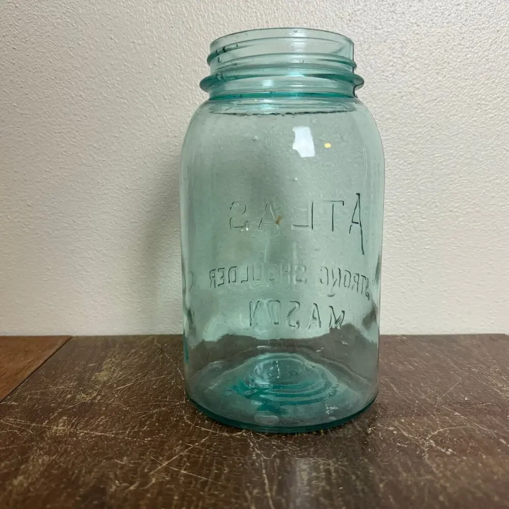Vintage Atlas Strong Shoulder Mason Jar Aqua Blue Glass‎ 1 Quart Hazel-Atlas